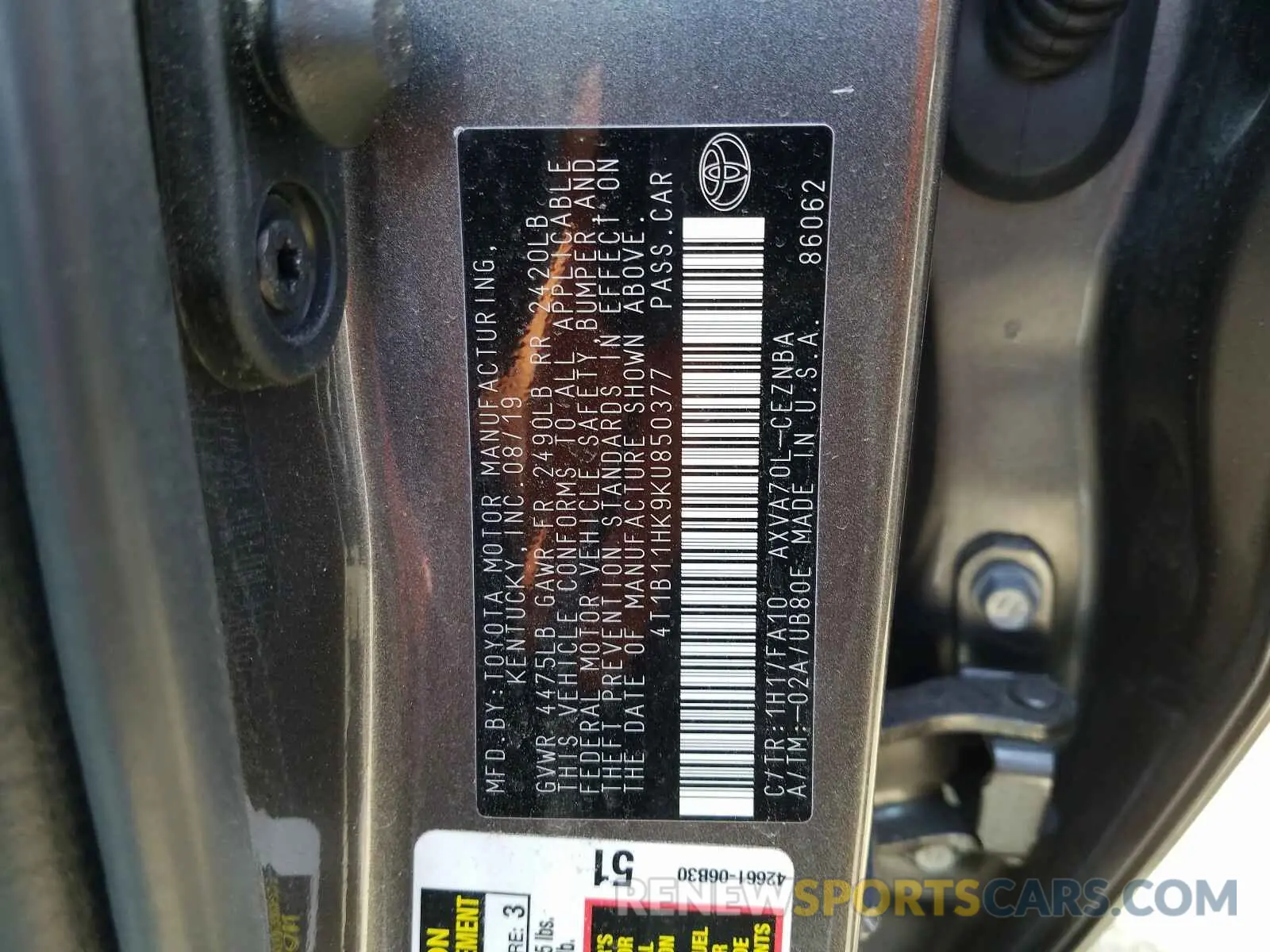 10 fotografías del automóvil dañado 4T1B11HK9KU850377 TOYOTA CAMRY 2019