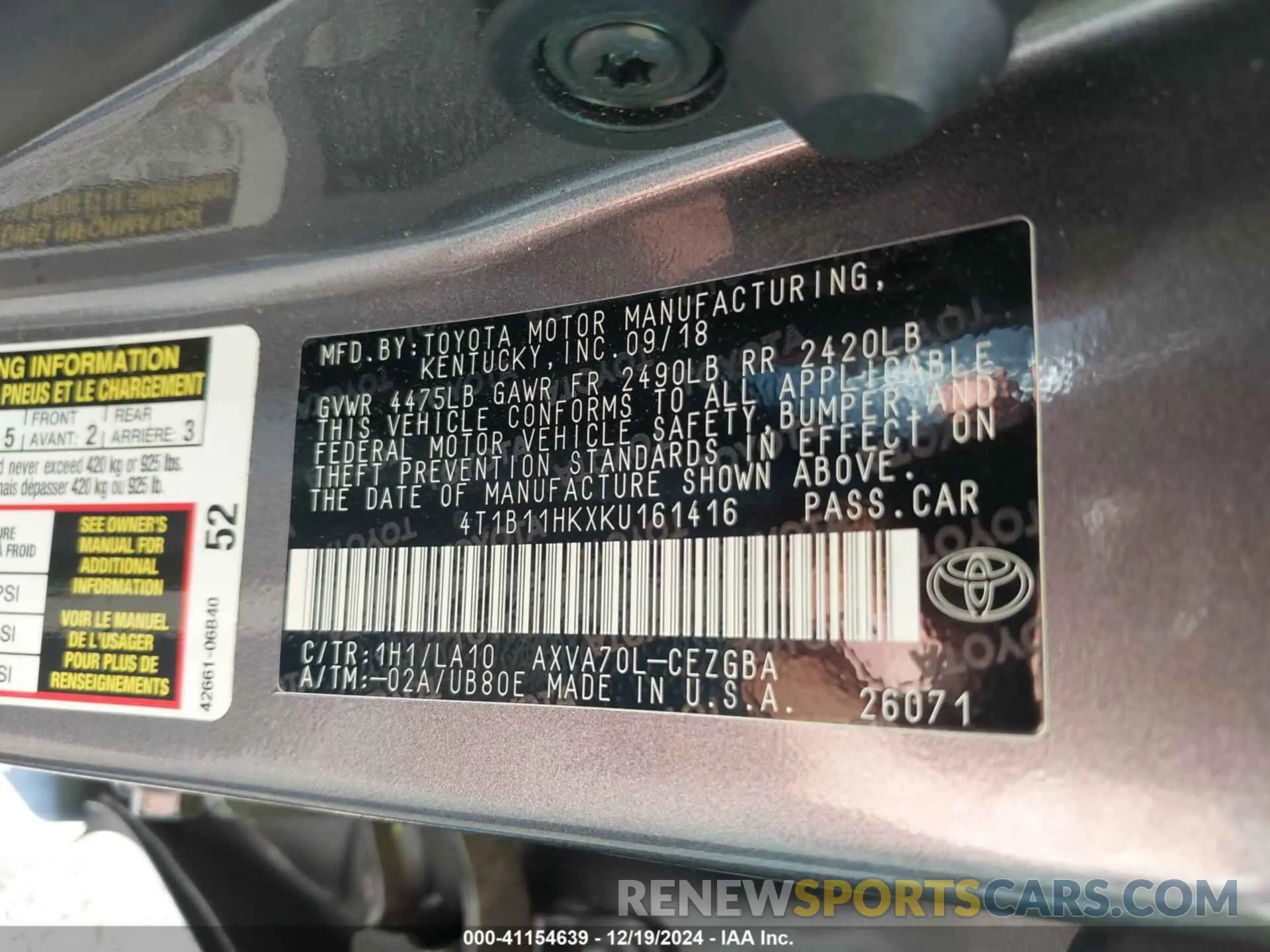 9 fotografías del automóvil dañado 4T1B11HKXKU161416 TOYOTA CAMRY 2019