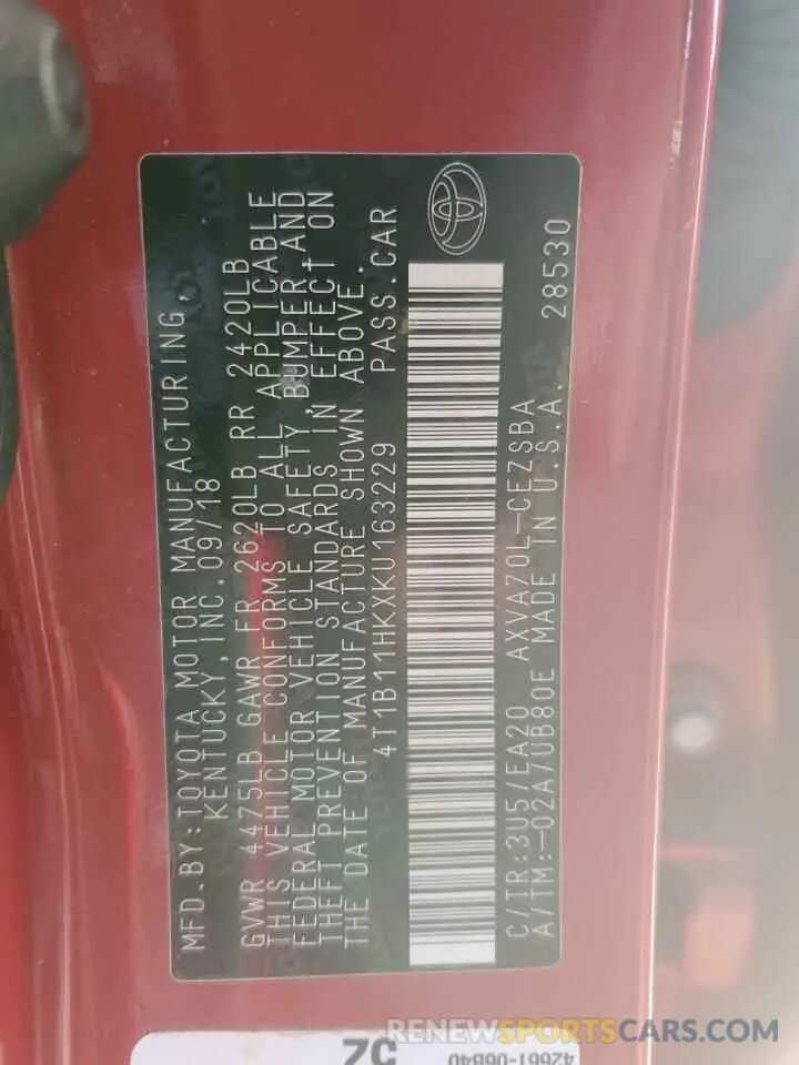13 fotografías del automóvil dañado 4T1B11HKXKU163229 TOYOTA CAMRY 2019