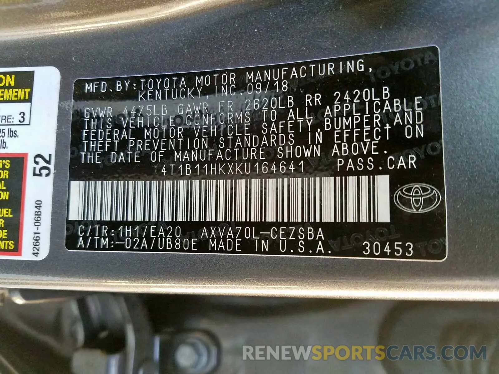 10 fotografías del automóvil dañado 4T1B11HKXKU164641 TOYOTA CAMRY 2019