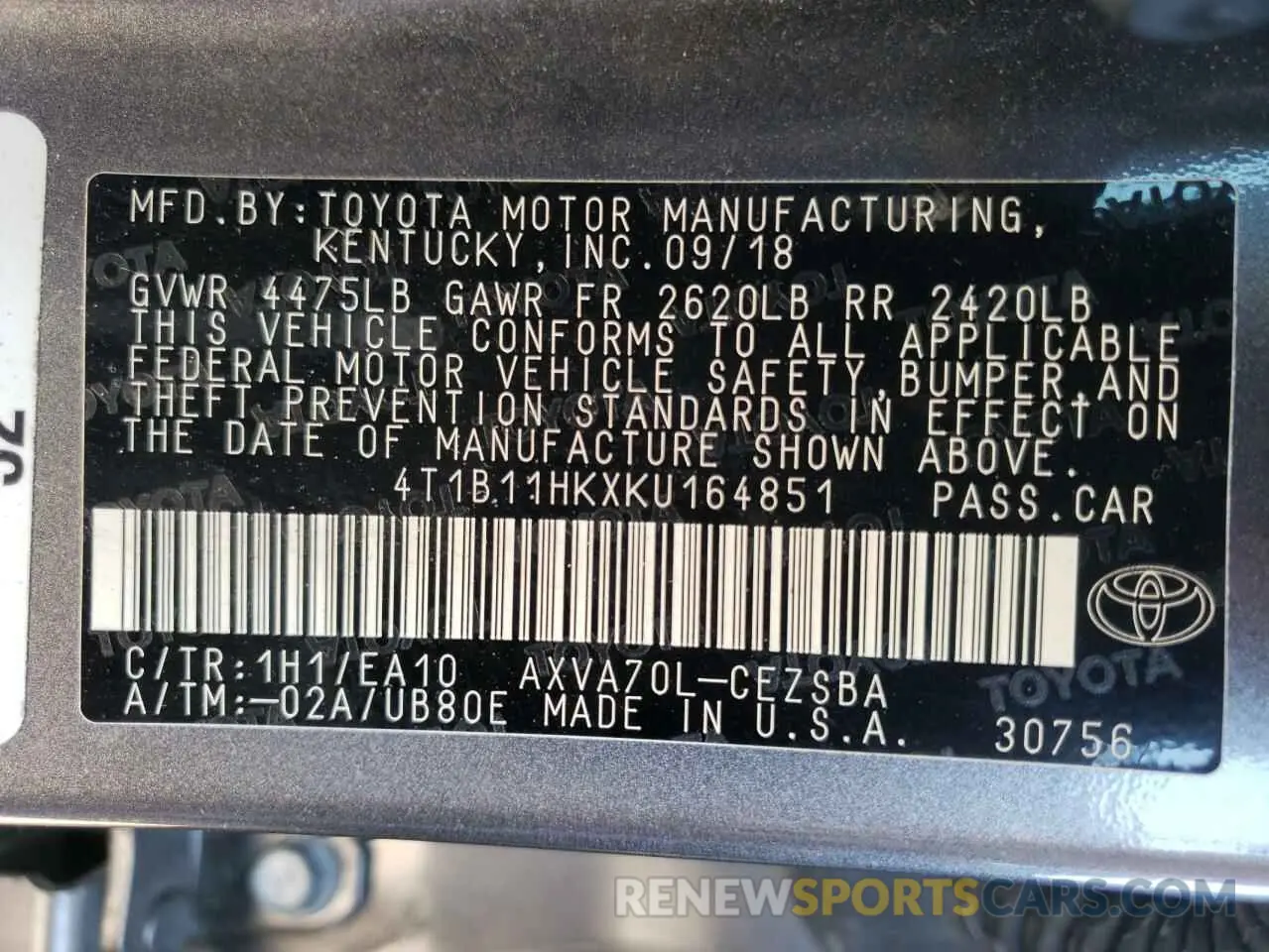 10 fotografías del automóvil dañado 4T1B11HKXKU164851 TOYOTA CAMRY 2019