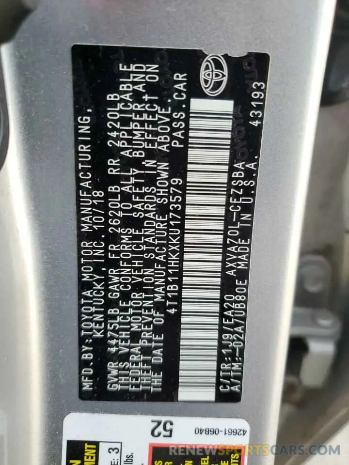 13 fotografías del automóvil dañado 4T1B11HKXKU173579 TOYOTA CAMRY 2019