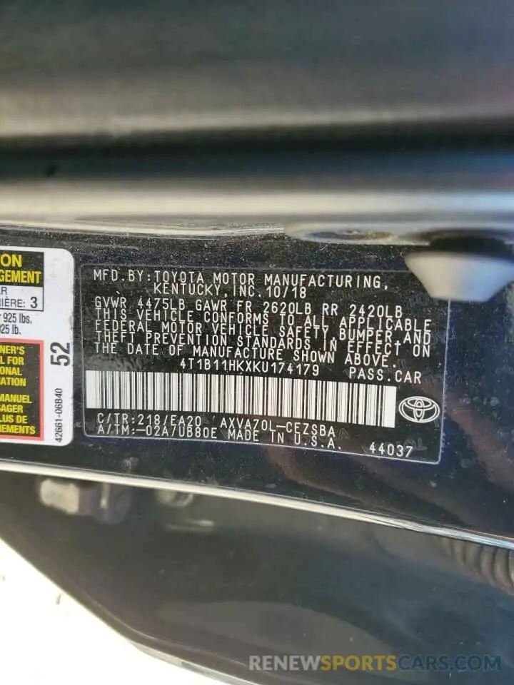 12 fotografías del automóvil dañado 4T1B11HKXKU174179 TOYOTA CAMRY 2019