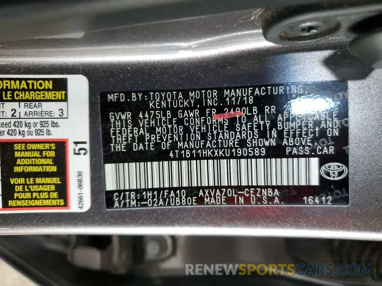 12 fotografías del automóvil dañado 4T1B11HKXKU190589 TOYOTA CAMRY 2019