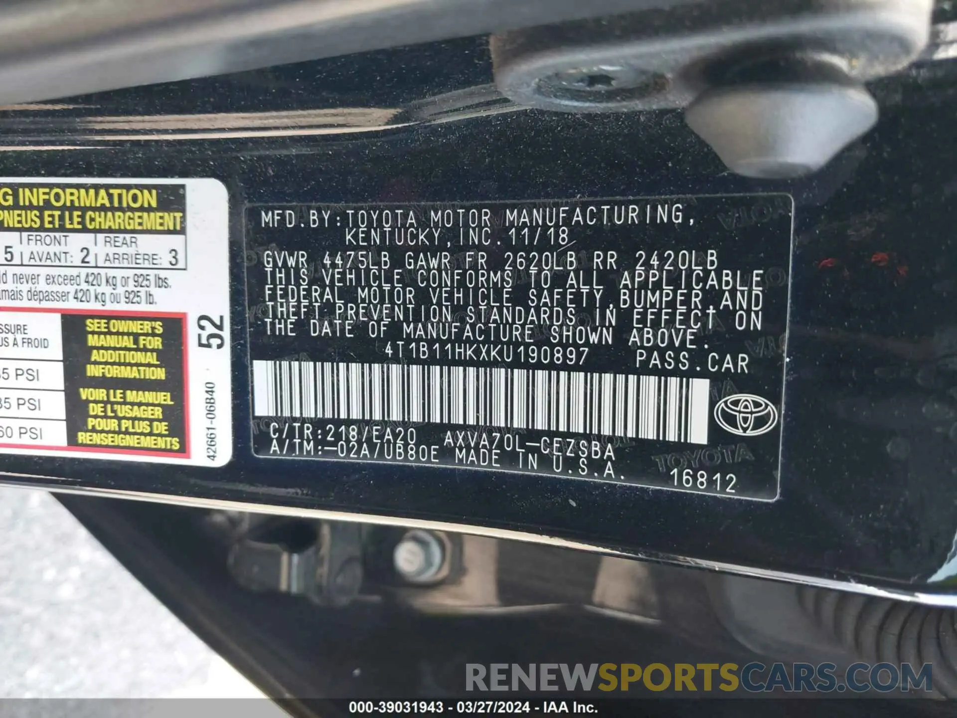 9 fotografías del automóvil dañado 4T1B11HKXKU190897 TOYOTA CAMRY 2019