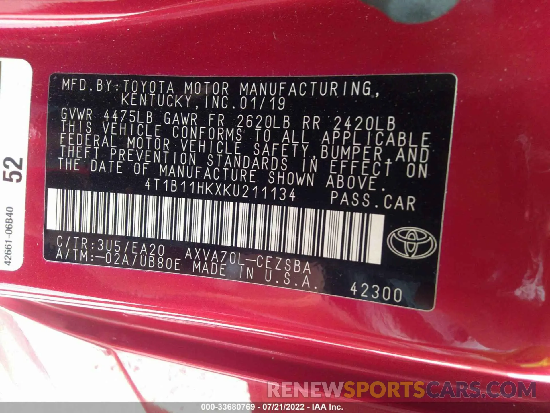 9 fotografías del automóvil dañado 4T1B11HKXKU211134 TOYOTA CAMRY 2019