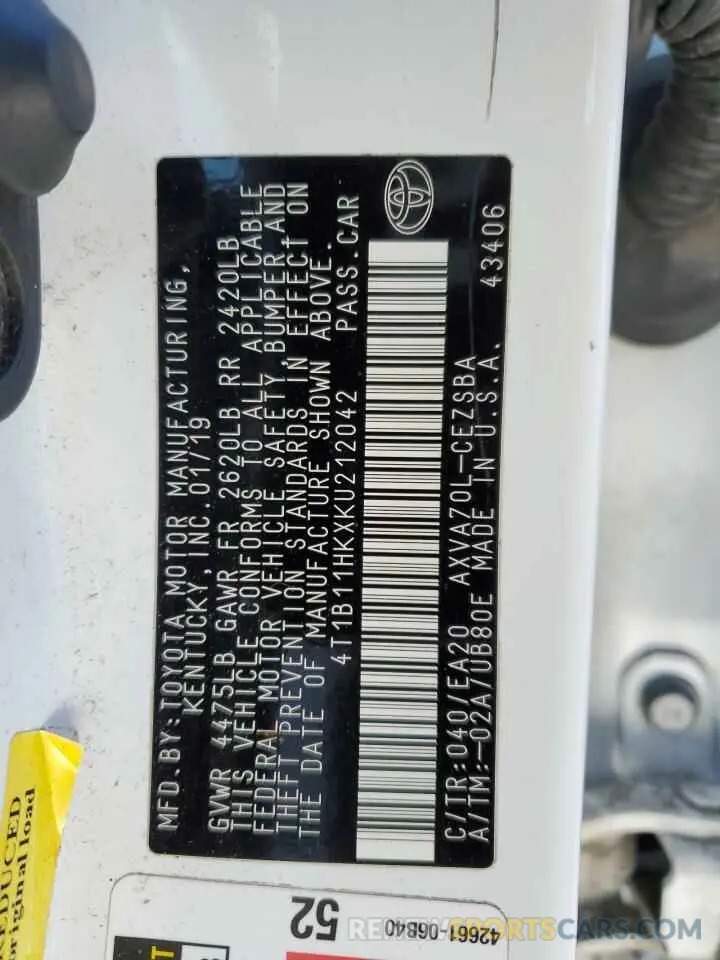 12 fotografías del automóvil dañado 4T1B11HKXKU212042 TOYOTA CAMRY 2019