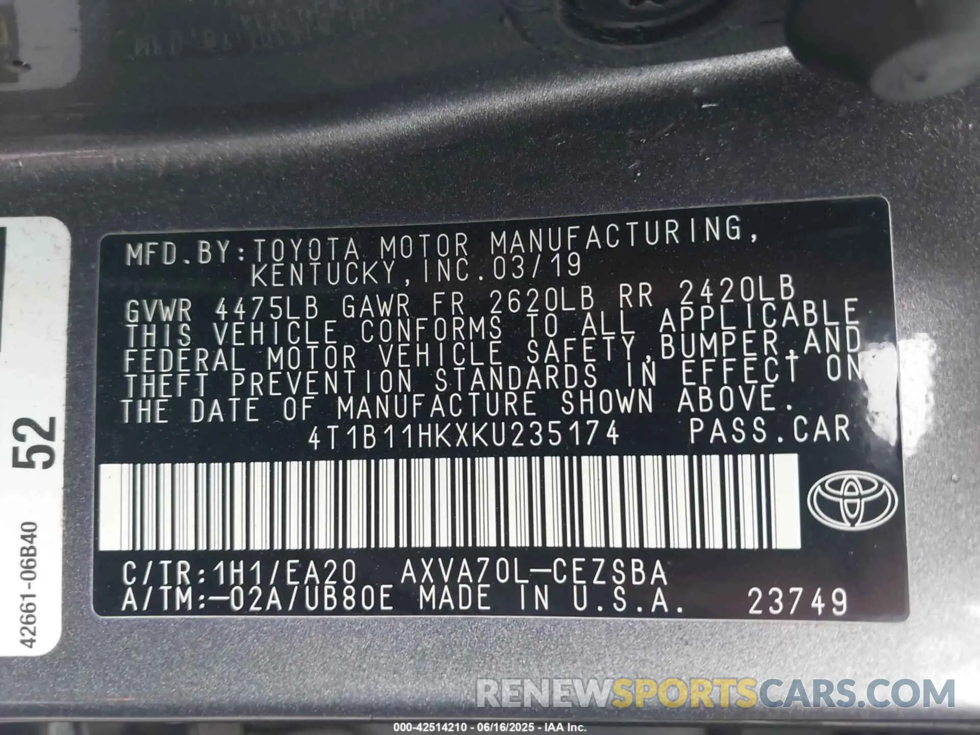 9 fotografías del automóvil dañado 4T1B11HKXKU235174 TOYOTA CAMRY 2019