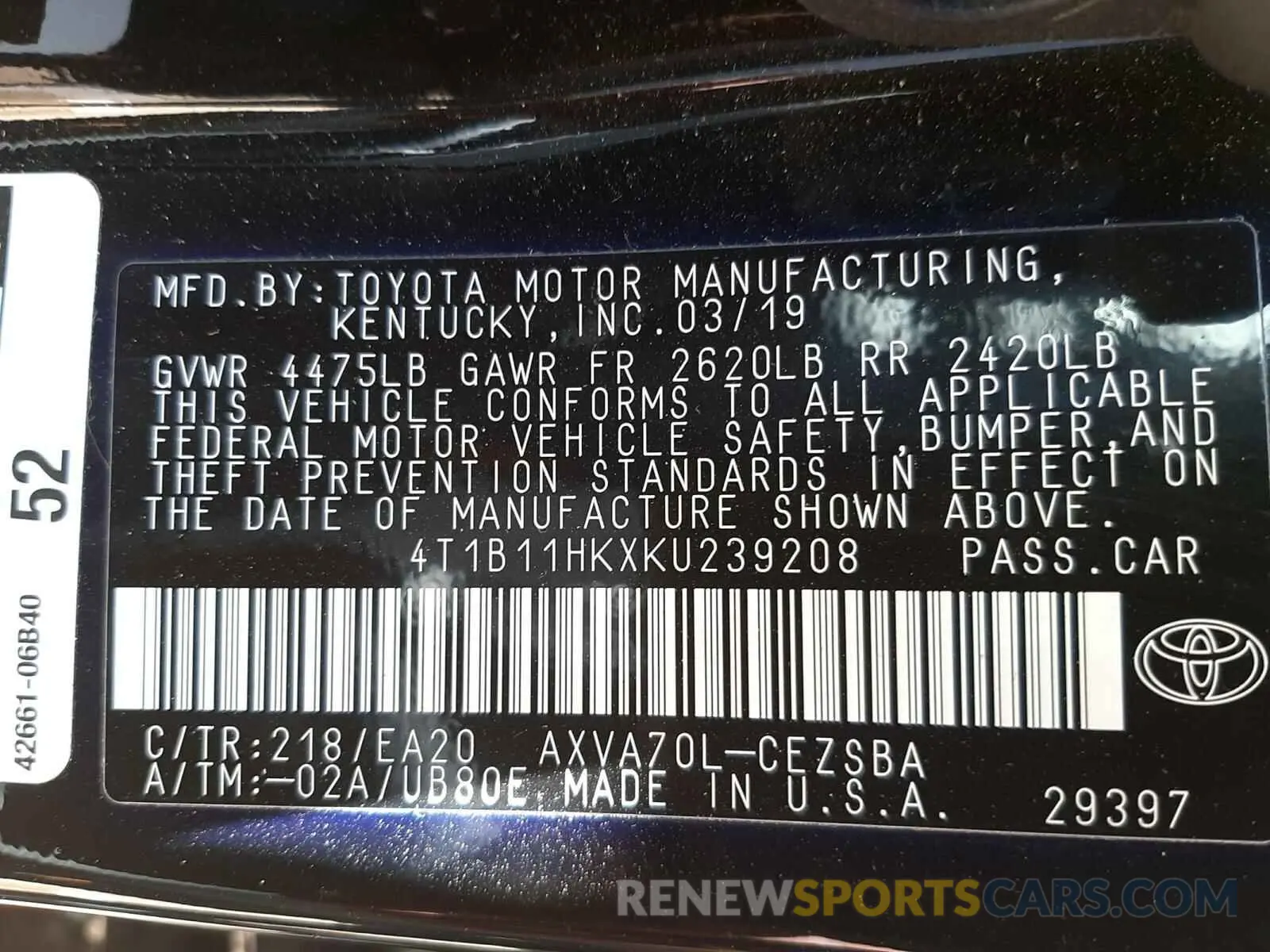 10 fotografías del automóvil dañado 4T1B11HKXKU239208 TOYOTA CAMRY 2019