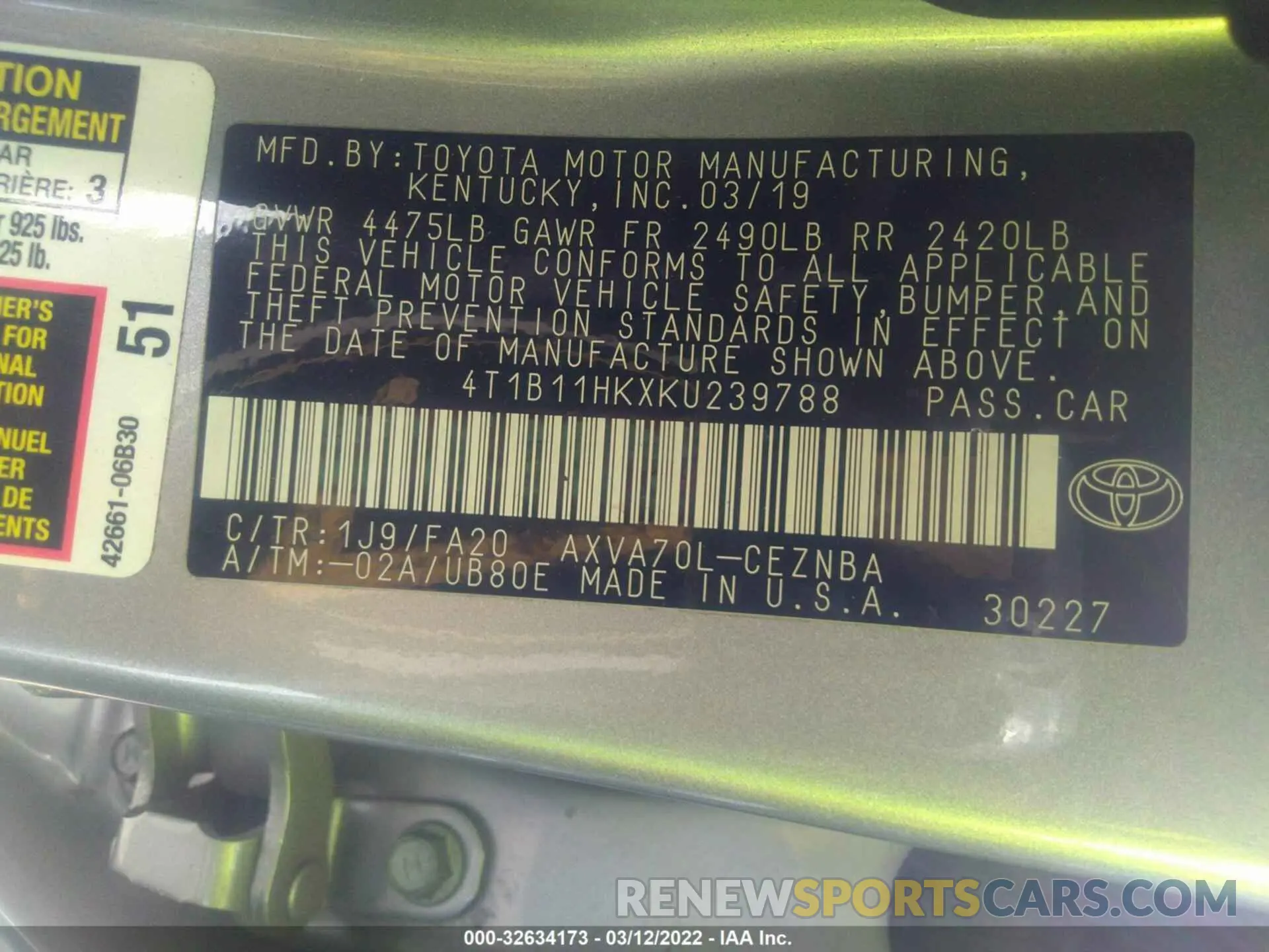 9 fotografías del automóvil dañado 4T1B11HKXKU239788 TOYOTA CAMRY 2019