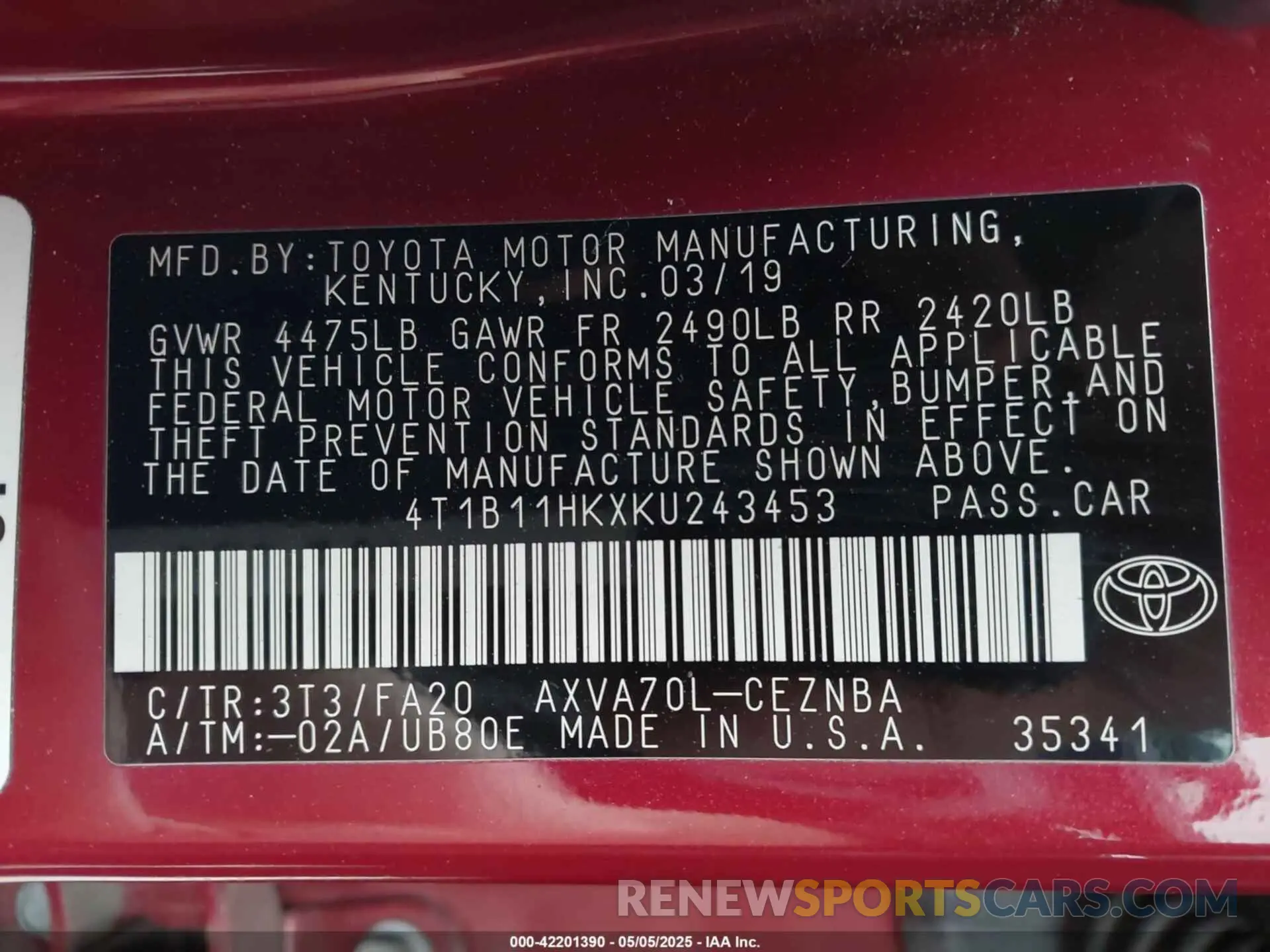 9 fotografías del automóvil dañado 4T1B11HKXKU243453 TOYOTA CAMRY 2019