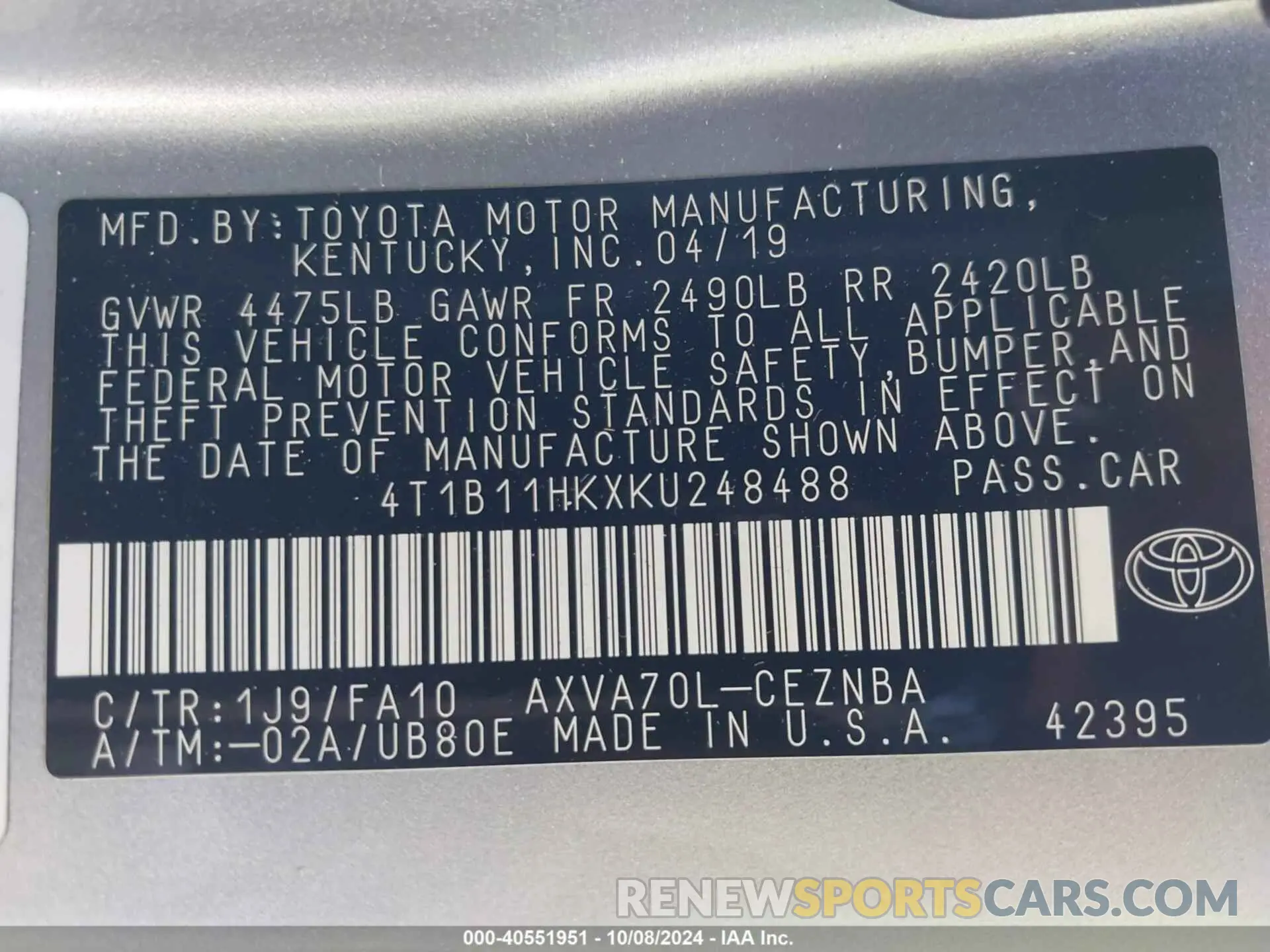 9 fotografías del automóvil dañado 4T1B11HKXKU248488 TOYOTA CAMRY 2019