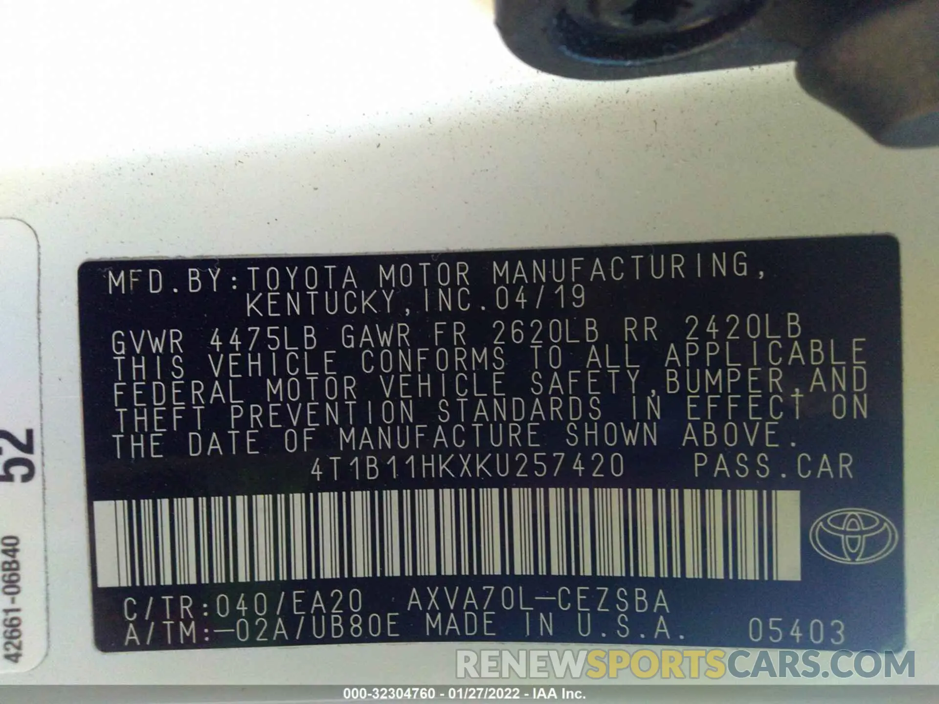 9 fotografías del automóvil dañado 4T1B11HKXKU257420 TOYOTA CAMRY 2019