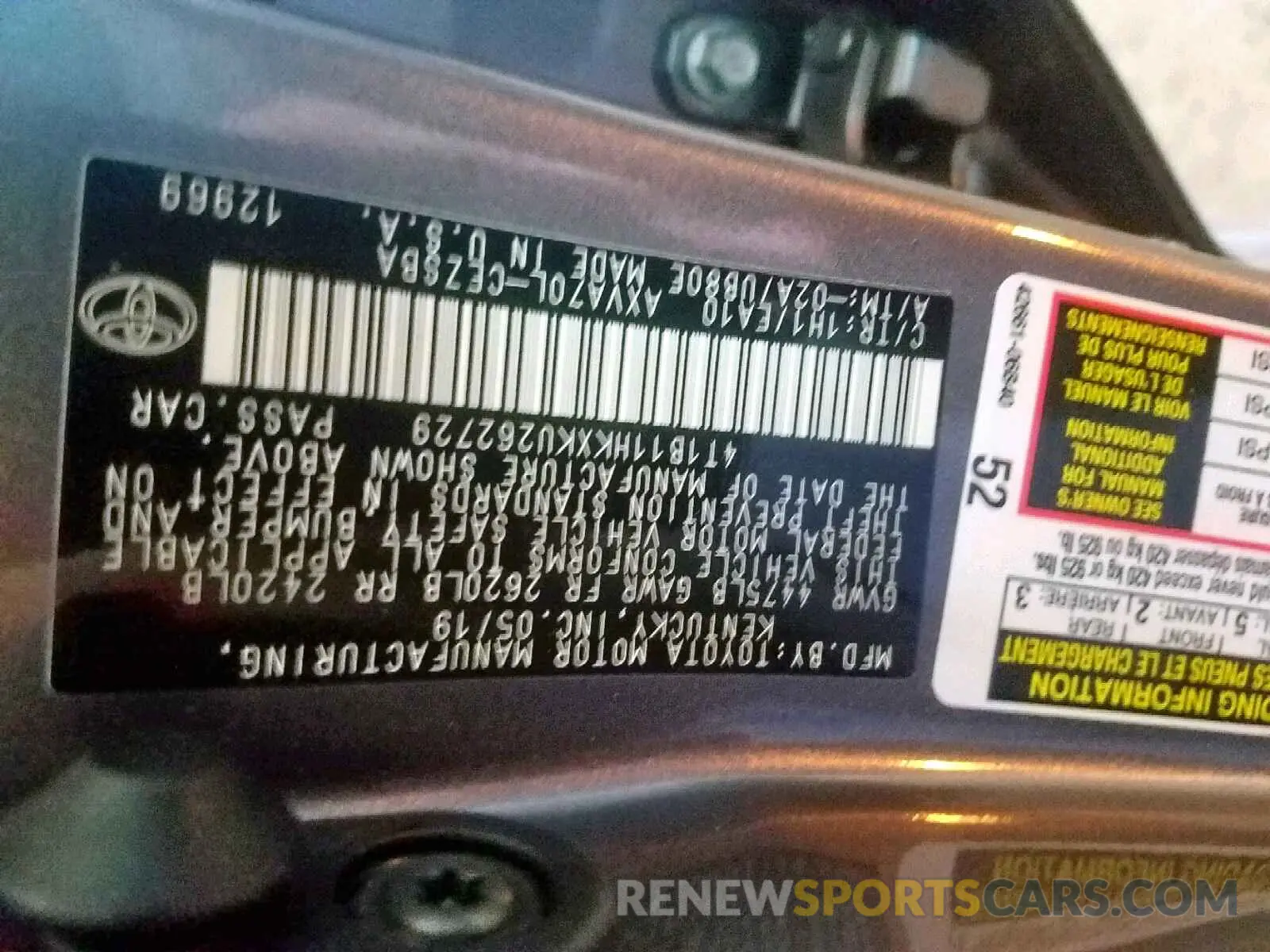 10 fotografías del automóvil dañado 4T1B11HKXKU262729 TOYOTA CAMRY 2019