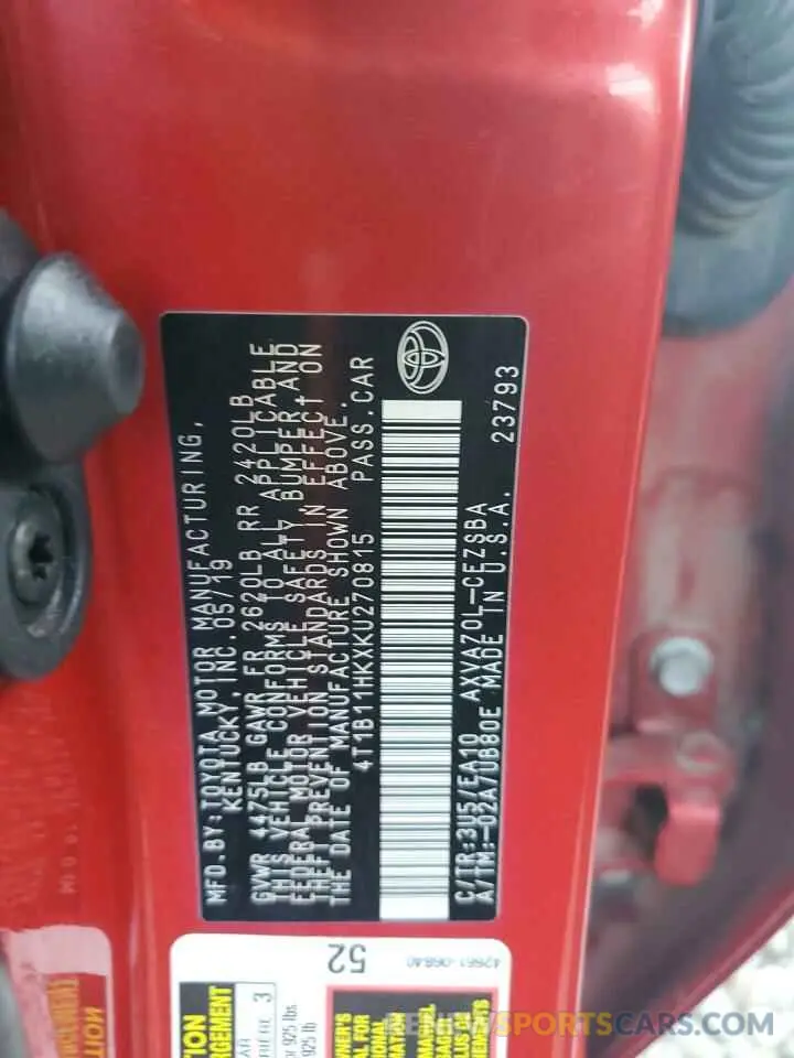 12 fotografías del automóvil dañado 4T1B11HKXKU270815 TOYOTA CAMRY 2019