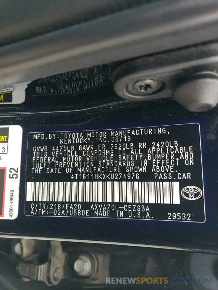 12 fotografías del automóvil dañado 4T1B11HKXKU274976 TOYOTA CAMRY 2019