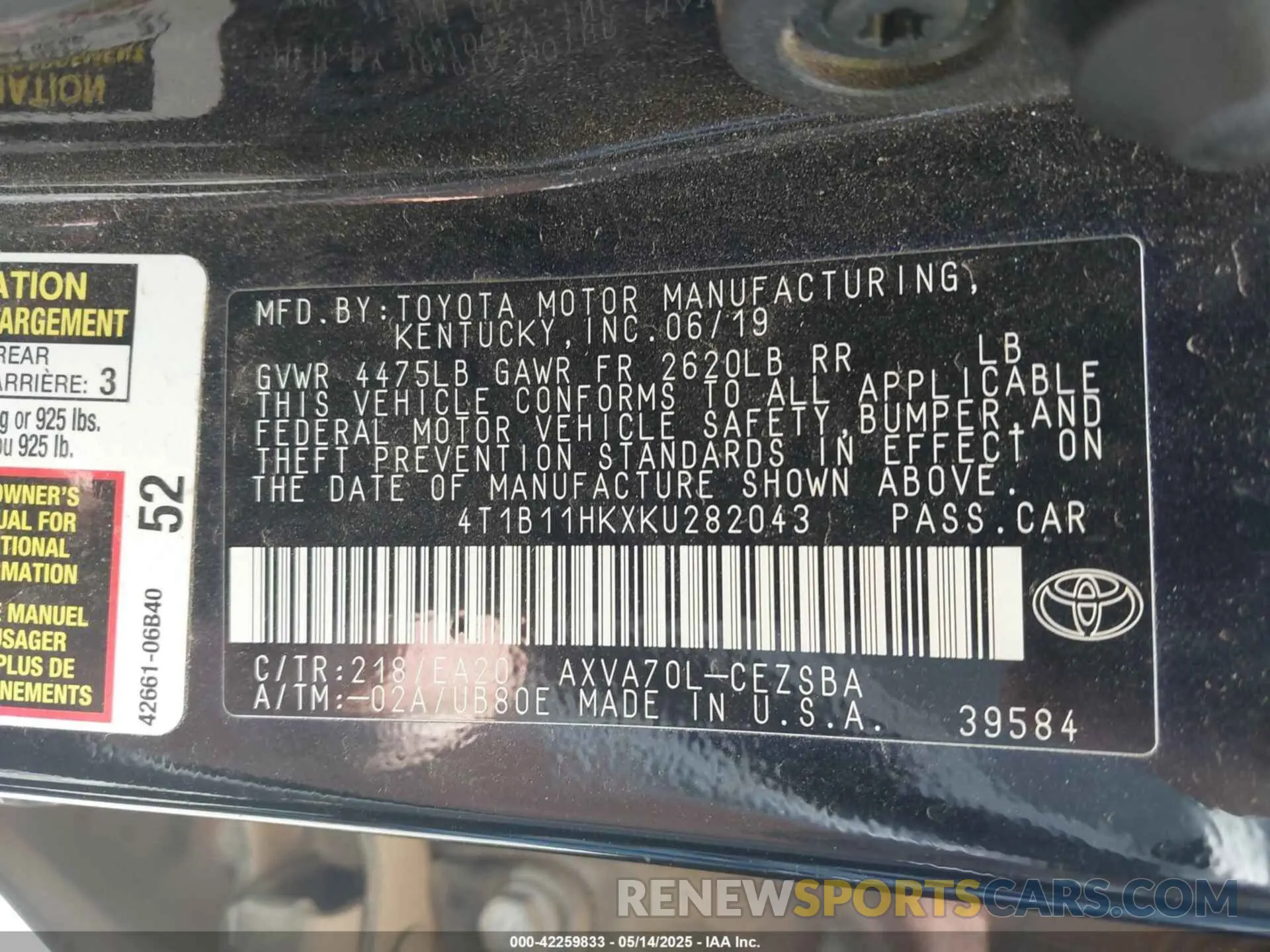 9 fotografías del automóvil dañado 4T1B11HKXKU282043 TOYOTA CAMRY 2019