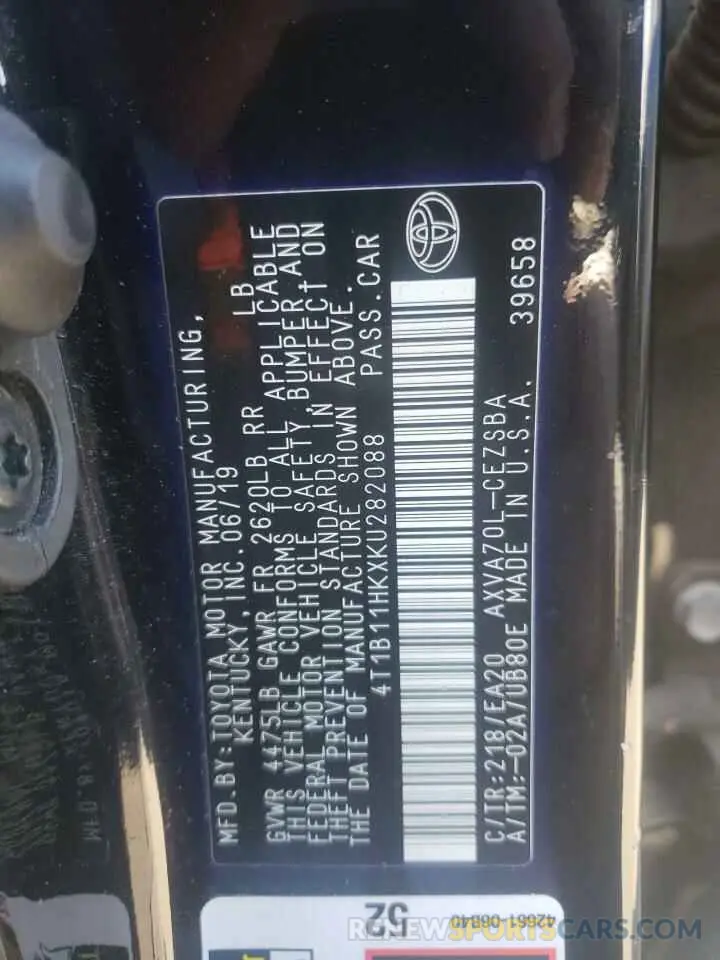 13 fotografías del automóvil dañado 4T1B11HKXKU282088 TOYOTA CAMRY 2019