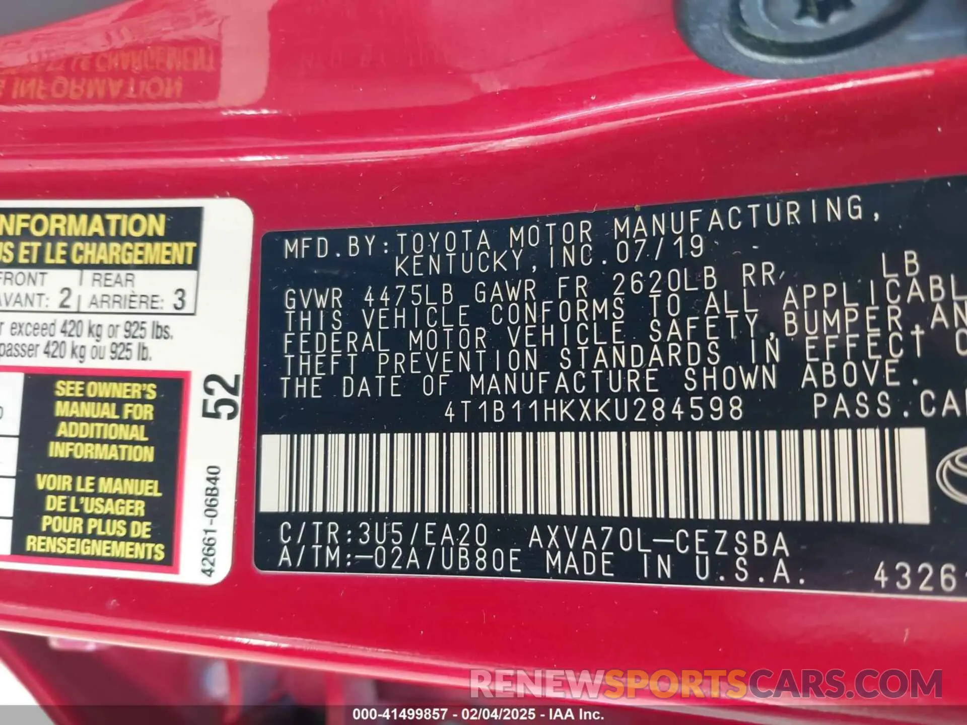 9 fotografías del automóvil dañado 4T1B11HKXKU284598 TOYOTA CAMRY 2019