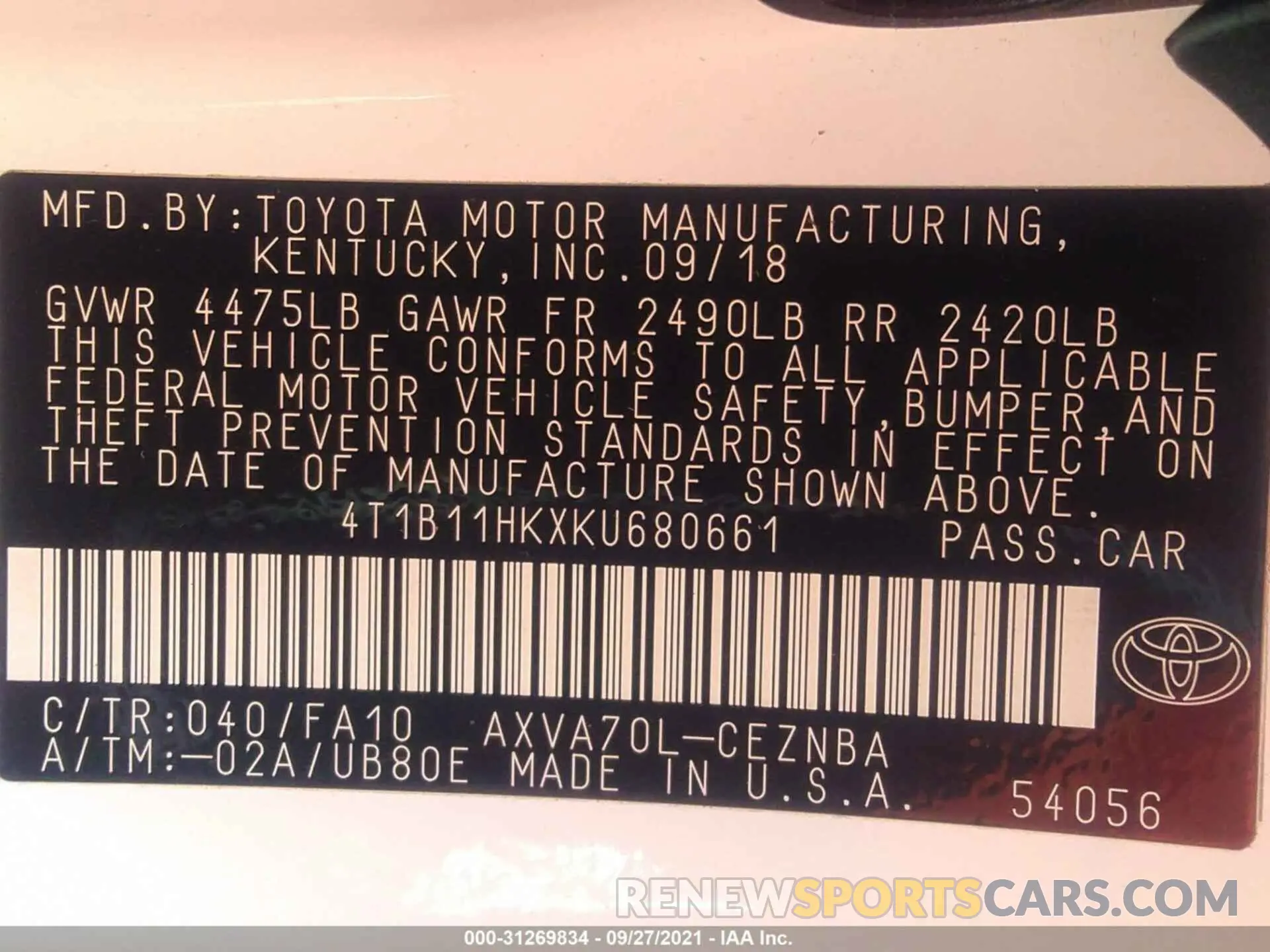 9 fotografías del automóvil dañado 4T1B11HKXKU680661 TOYOTA CAMRY 2019