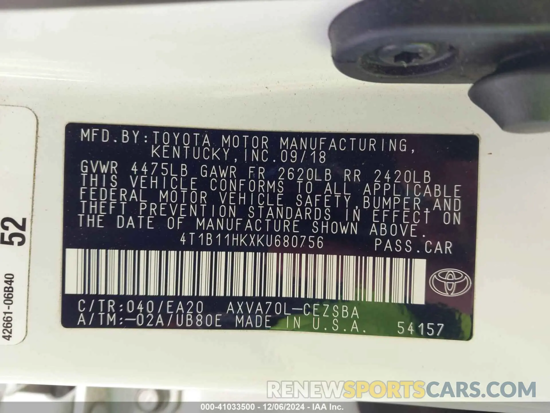 9 fotografías del automóvil dañado 4T1B11HKXKU680756 TOYOTA CAMRY 2019