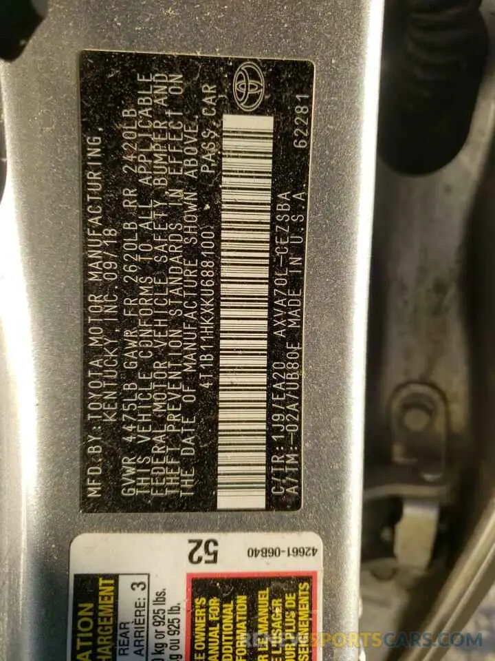 10 fotografías del automóvil dañado 4T1B11HKXKU688100 TOYOTA CAMRY 2019