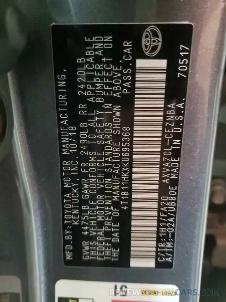 12 fotografías del automóvil dañado 4T1B11HKXKU695368 TOYOTA CAMRY 2019