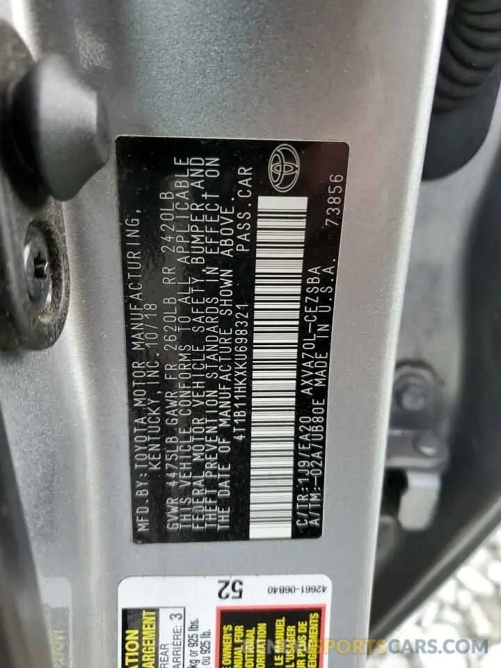 12 fotografías del automóvil dañado 4T1B11HKXKU698321 TOYOTA CAMRY 2019