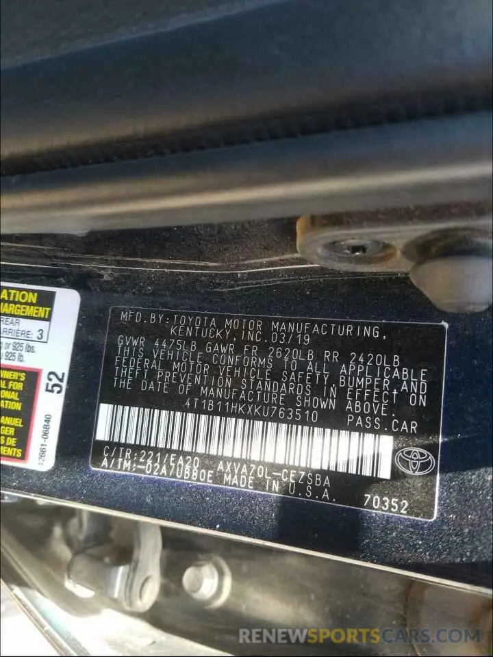 10 fotografías del automóvil dañado 4T1B11HKXKU763510 TOYOTA CAMRY 2019