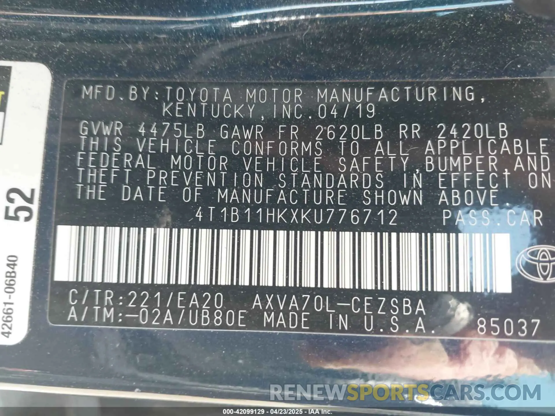 9 fotografías del automóvil dañado 4T1B11HKXKU776712 TOYOTA CAMRY 2019