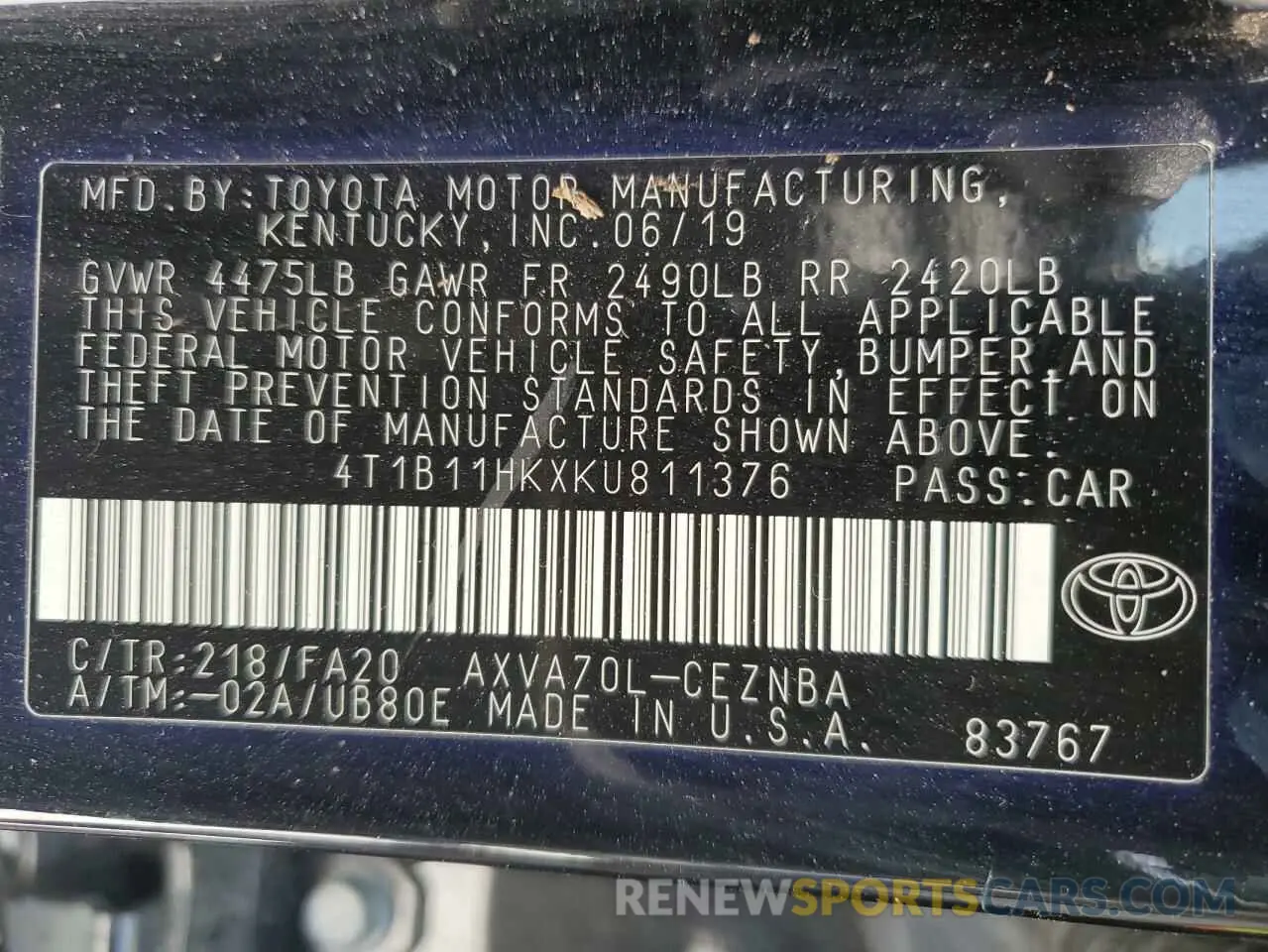 12 fotografías del automóvil dañado 4T1B11HKXKU811376 TOYOTA CAMRY 2019