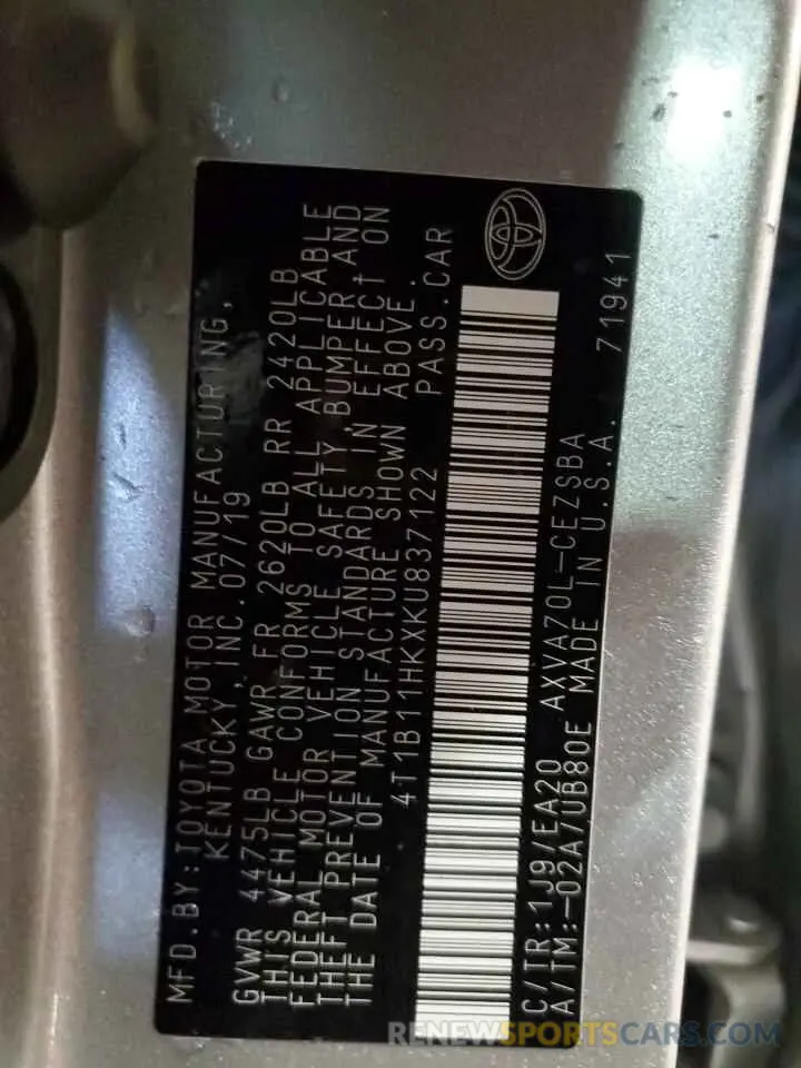 12 fotografías del automóvil dañado 4T1B11HKXKU837122 TOYOTA CAMRY 2019