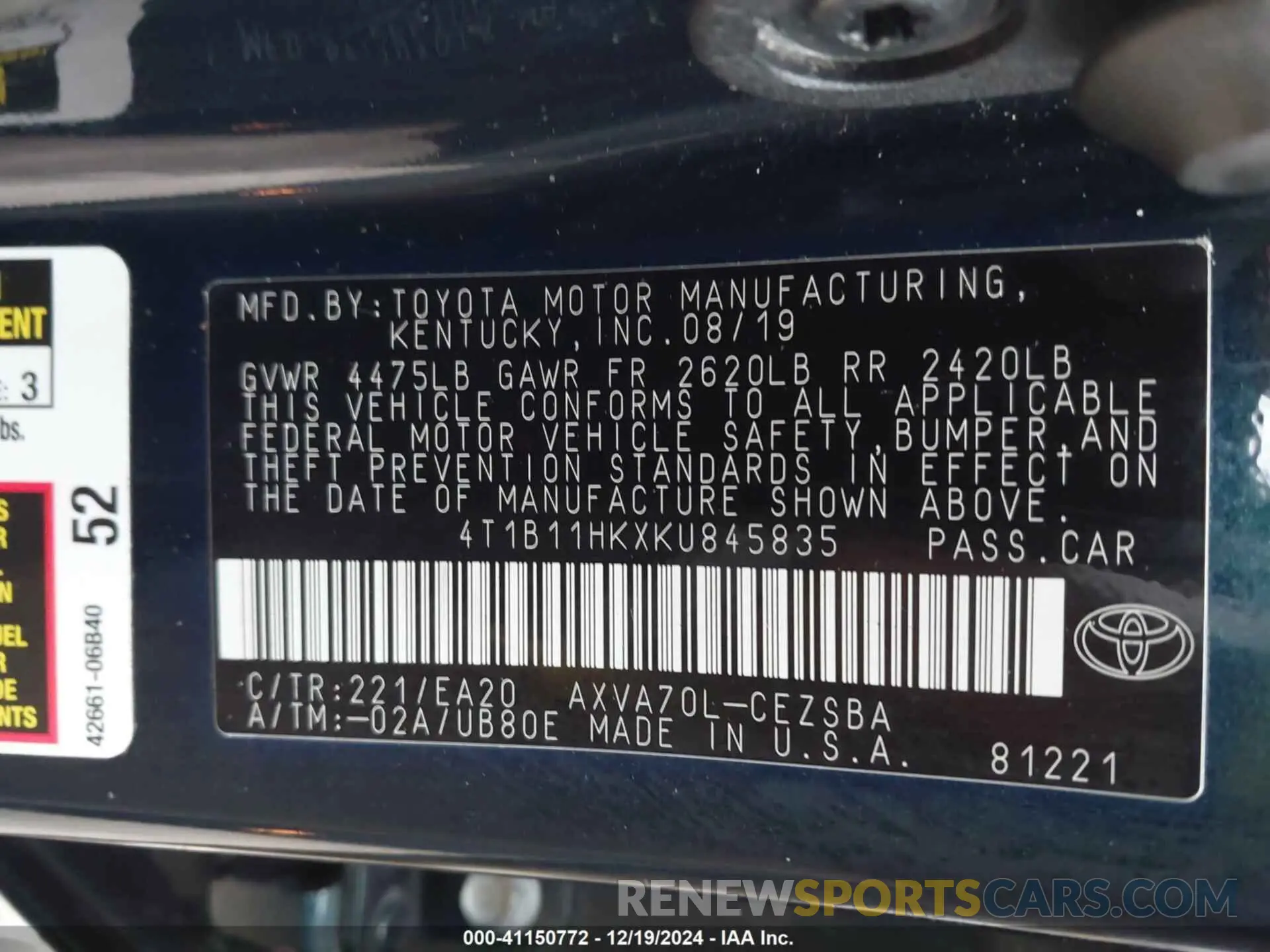 9 fotografías del automóvil dañado 4T1B11HKXKU845835 TOYOTA CAMRY 2019