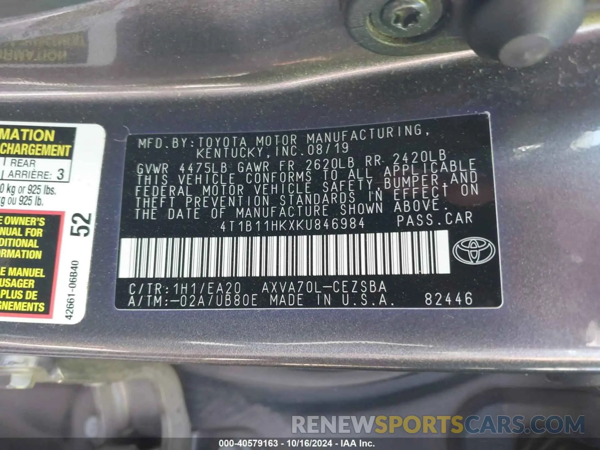 9 fotografías del automóvil dañado 4T1B11HKXKU846984 TOYOTA CAMRY 2019