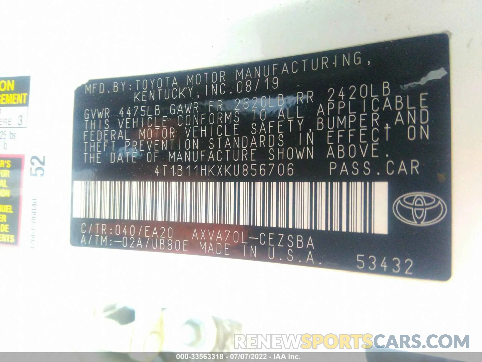 9 fotografías del automóvil dañado 4T1B11HKXKU856706 TOYOTA CAMRY 2019
