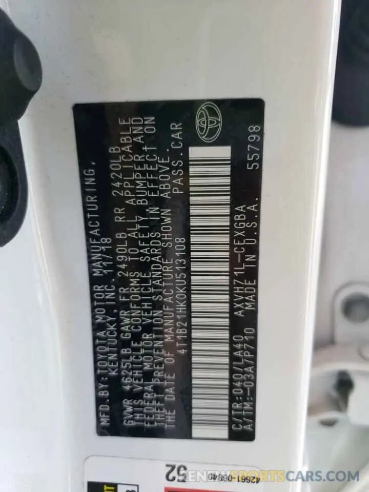 13 fotografías del automóvil dañado 4T1B21HK0KU513108 TOYOTA CAMRY 2019
