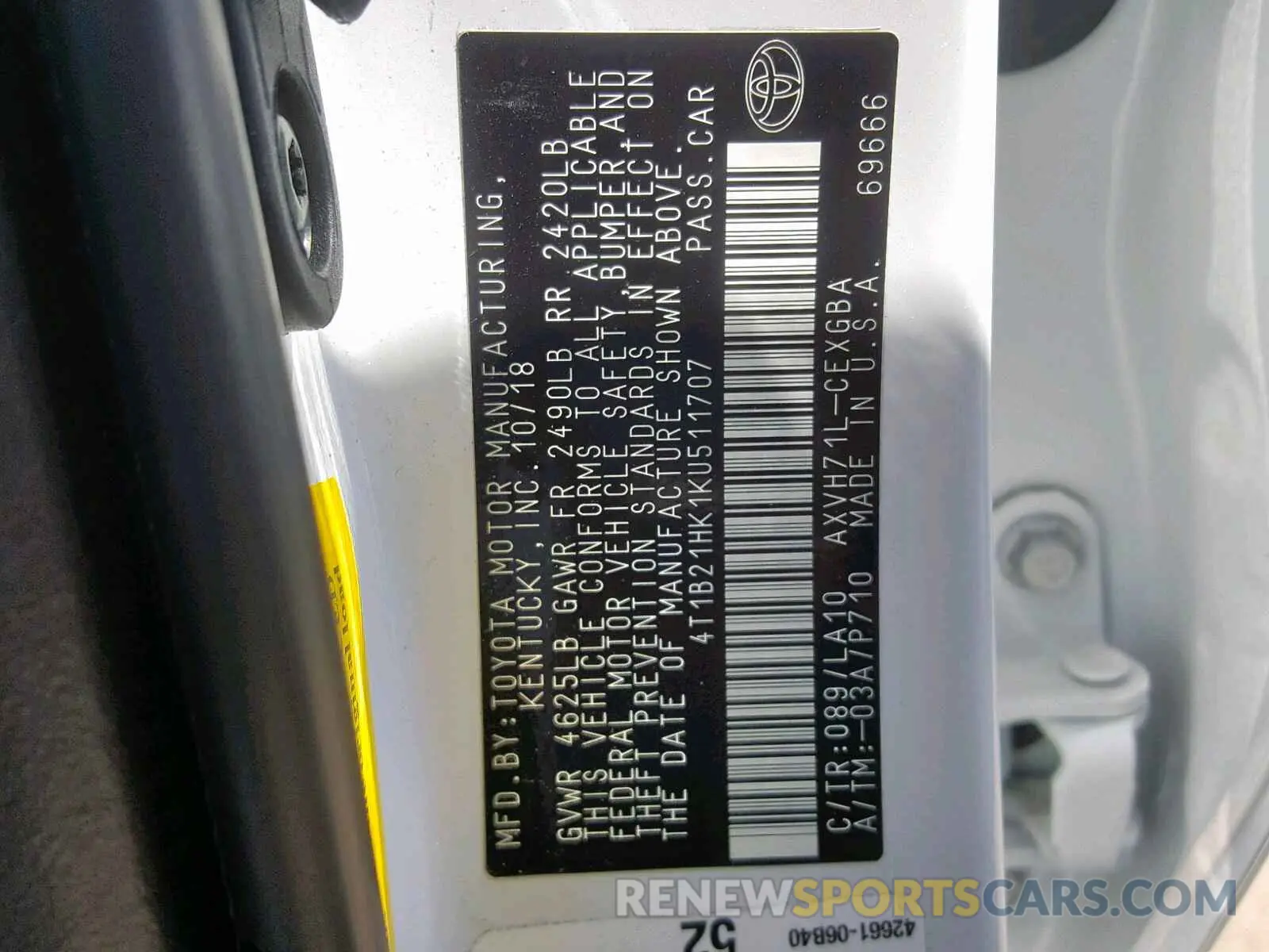 10 fotografías del automóvil dañado 4T1B21HK1KU511707 TOYOTA CAMRY 2019
