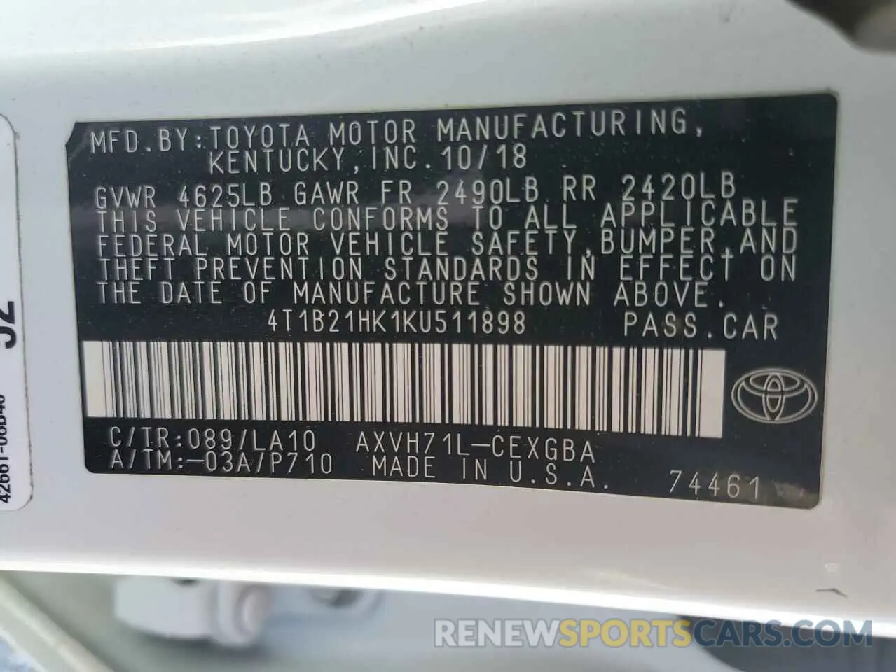 12 fotografías del automóvil dañado 4T1B21HK1KU511898 TOYOTA CAMRY 2019