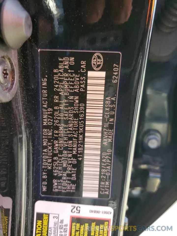 13 fotografías del automóvil dañado 4T1B21HK1KU516390 TOYOTA CAMRY 2019