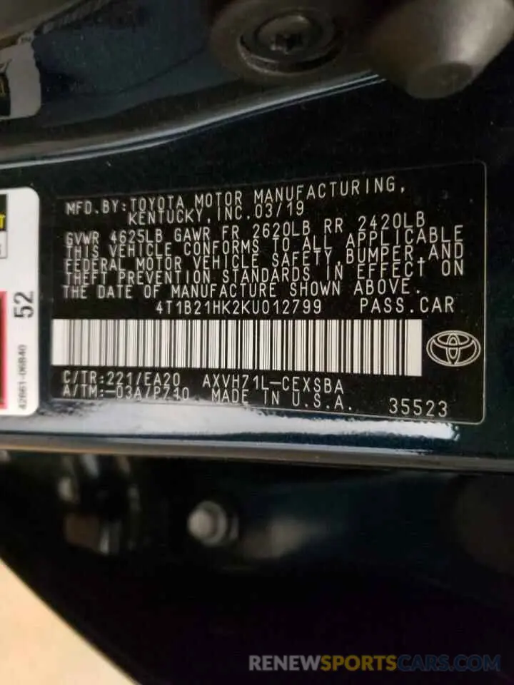 10 fotografías del automóvil dañado 4T1B21HK2KU012799 TOYOTA CAMRY 2019