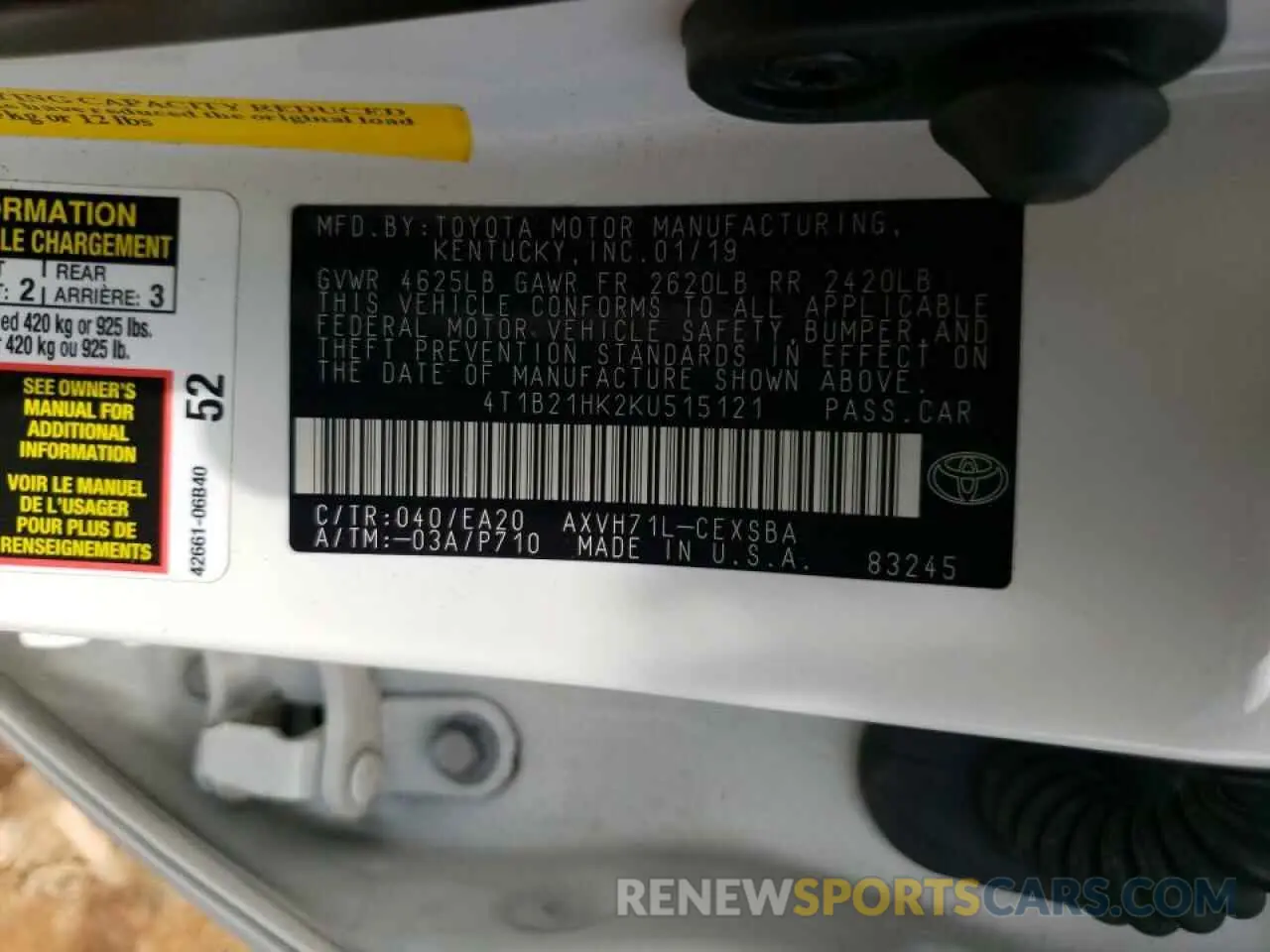 10 fotografías del automóvil dañado 4T1B21HK2KU515121 TOYOTA CAMRY 2019