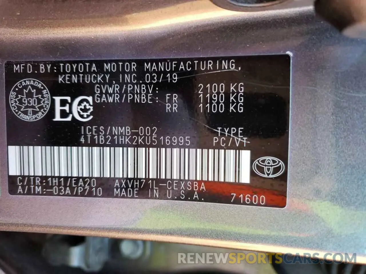 10 fotografías del automóvil dañado 4T1B21HK2KU516995 TOYOTA CAMRY 2019