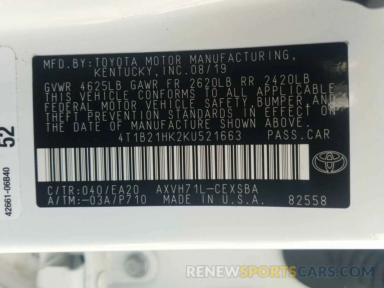 10 fotografías del automóvil dañado 4T1B21HK2KU521663 TOYOTA CAMRY 2019