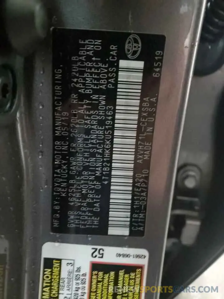 12 fotografías del automóvil dañado 4T1B21HK6KU519463 TOYOTA CAMRY 2019