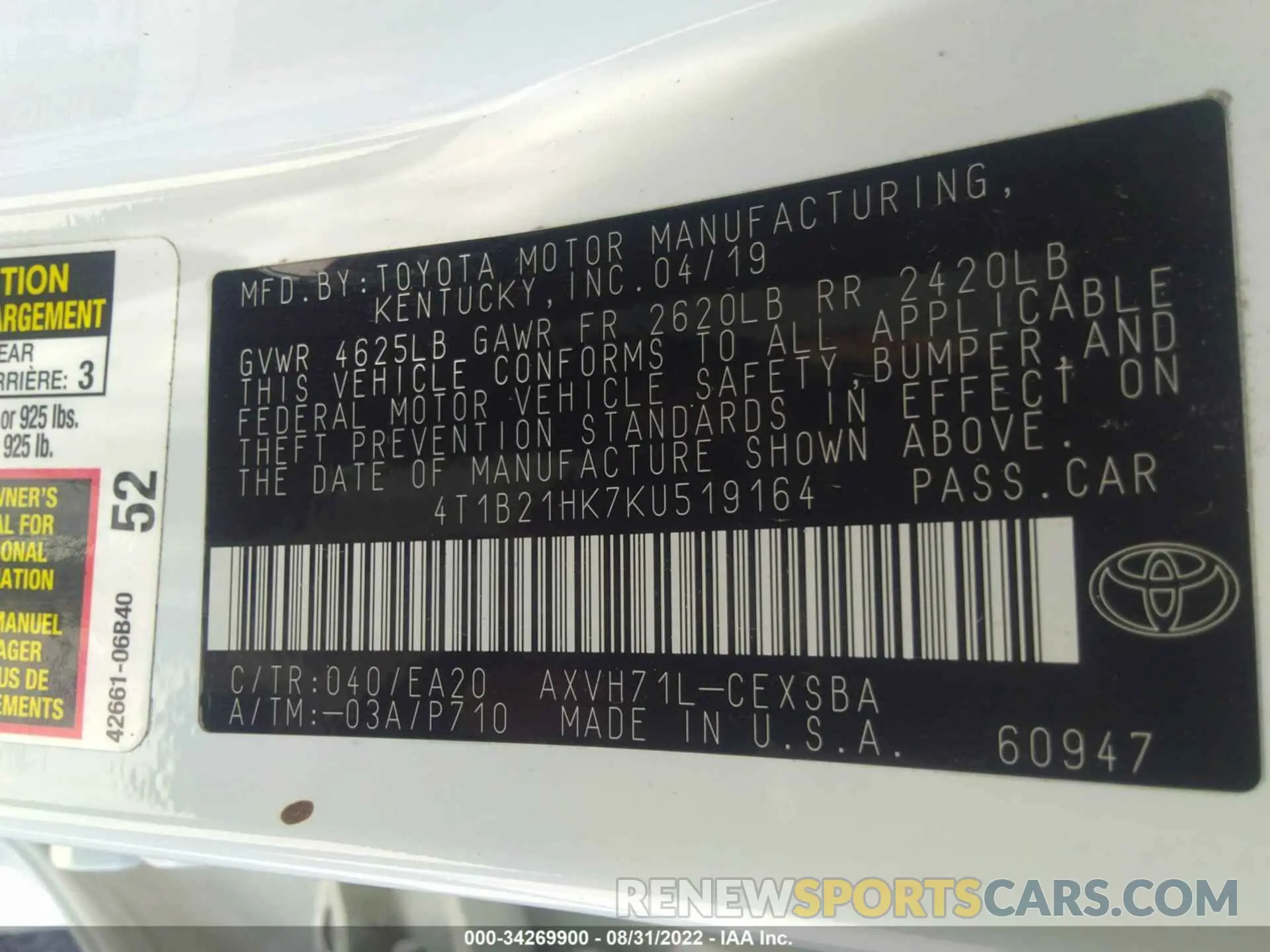 9 fotografías del automóvil dañado 4T1B21HK7KU519164 TOYOTA CAMRY 2019