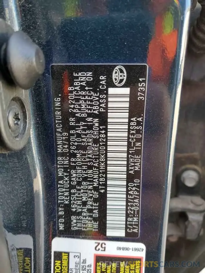 13 fotografías del automóvil dañado 4T1B21HK8KU012841 TOYOTA CAMRY 2019