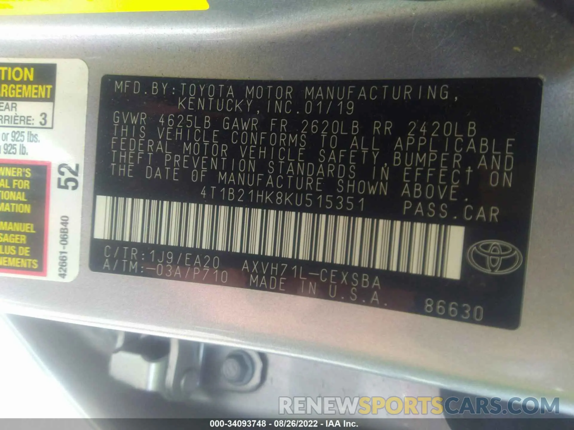 9 fotografías del automóvil dañado 4T1B21HK8KU515351 TOYOTA CAMRY 2019