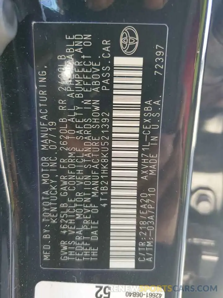 12 fotografías del automóvil dañado 4T1B21HK8KU521392 TOYOTA CAMRY 2019