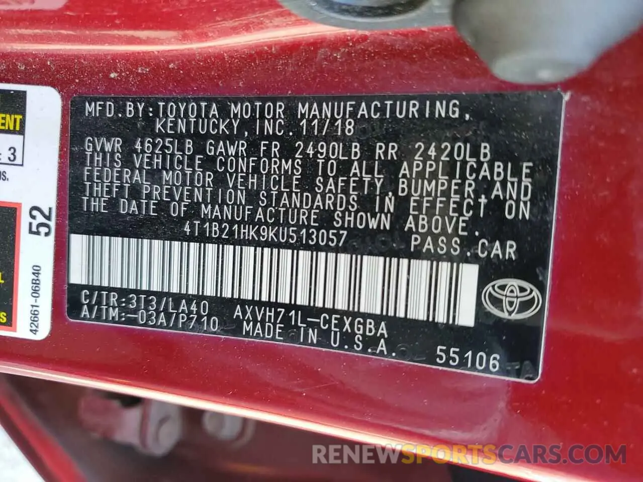 14 fotografías del automóvil dañado 4T1B21HK9KU513057 TOYOTA CAMRY 2019