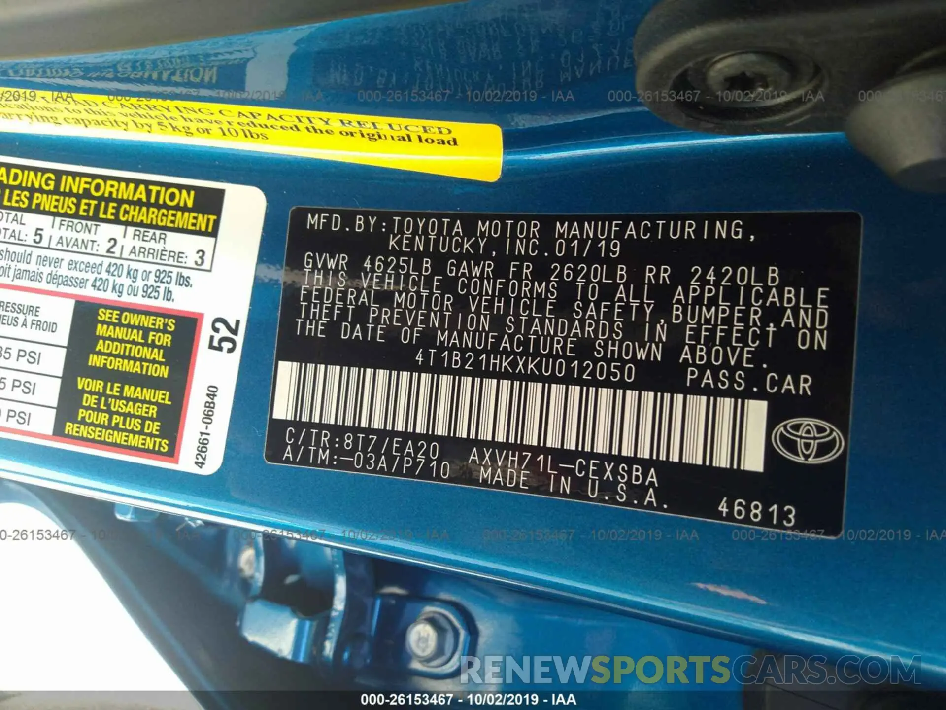 9 fotografías del automóvil dañado 4T1B21HKXKU012050 TOYOTA CAMRY 2019